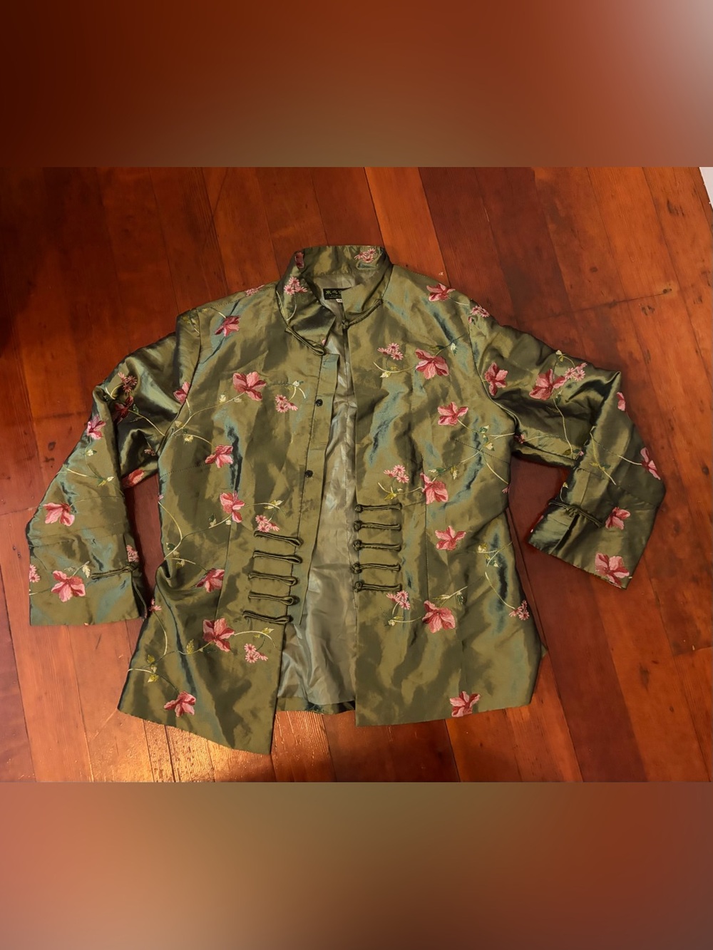 Vintage Satin Olive Green Floral Embroidered Women's Jacket